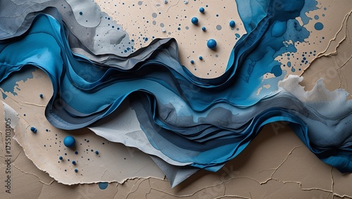 Ink gradients in cobalt and gray with edge diffusion over handmade textured paper