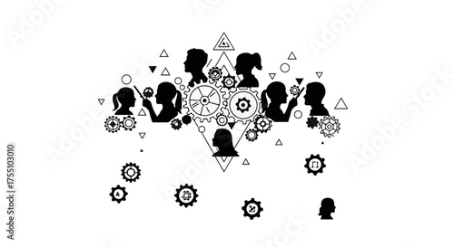 Diverse community of people connected through shared ideas and teamwork, symbolized by gears and geometric shapes.