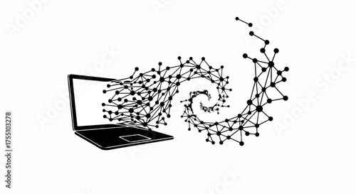 Digital network expanding from a laptop screen, symbolizing data flow and connectivity.