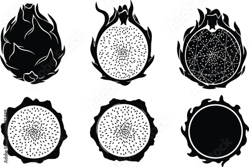 Stylized dragon fruit vector set, black and white pitaya illustration, abstract fruit cross-section, flame design, CAD drawing flat vector illustration