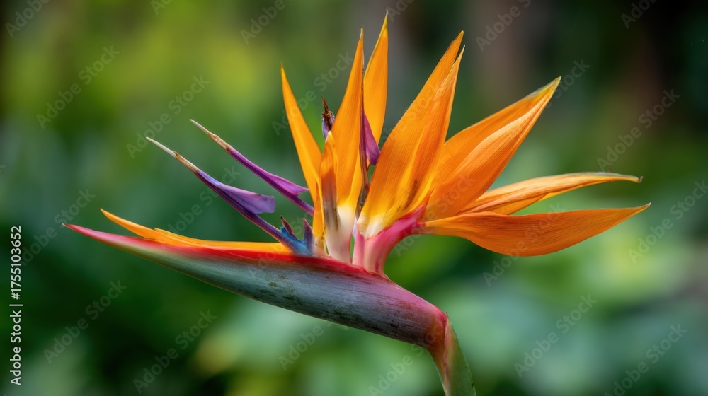 Obraz premium A stunning bird of paradise flower displays vibrant orange and purple petals in a green garden. Sunlight illuminates its unique shape among foliage creating a beautiful scene.