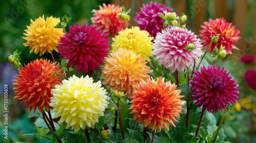 A garden showcases a variety of colorful dahlia flowers with rich hues of red yellow orange and pink under a clear blue sky. Bees buzz nearby as nature thrives.
