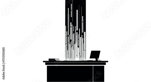 Modern reception desk with abstract art installation and computer in minimalist office