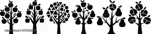 Stylized silhouette trees with geometric fruits, apples, pears, cubes, hexagons, CAD drawing, flat vector illustration, minimal black icons