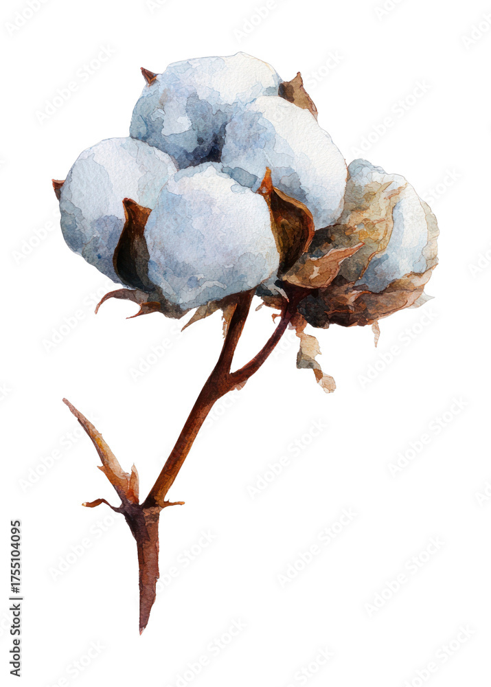 Fototapeta premium PNG Delicate watercolor cotton plant illustration.