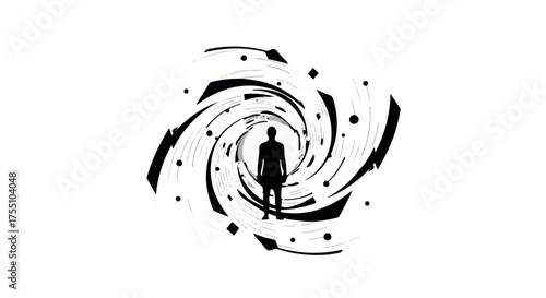 Silhouette of a person standing within a swirling vortex of abstract shapes and light, suggesting a journey or transformation.