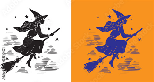 Vector Illustration of a Witch on a Broomstick Flying at Night
