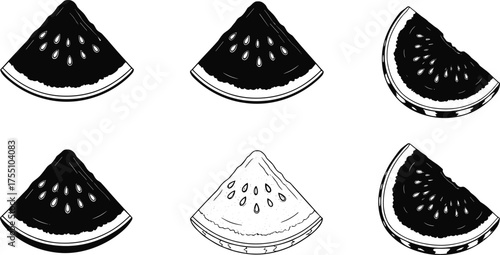 Watermelon slice illustration, black and white, fruit icon, minimal style, vector sketch, summer theme, healthy food, design element, variation setWatermelon slice illustration, black and white, fruit
