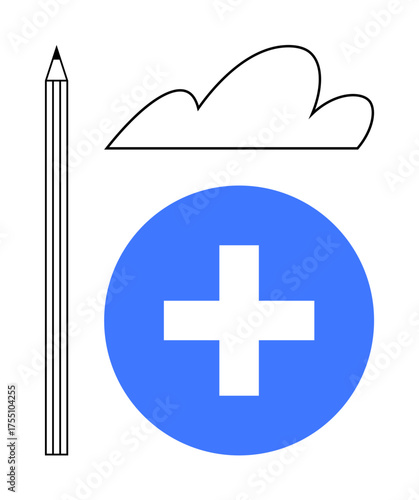 Pencil, cloud, and plus sign in a blue circle. Ideal for creativity, collaboration, positivity, brainstorming, education innovation and simplicity. Minimalist flat metaphor