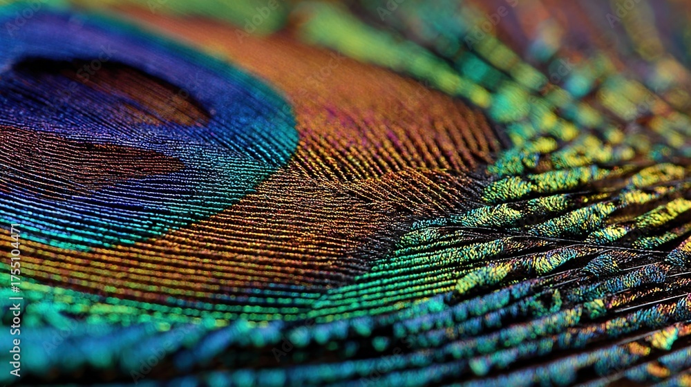 Fototapeta premium A close-up view reveals multicolored feathers on a peacock