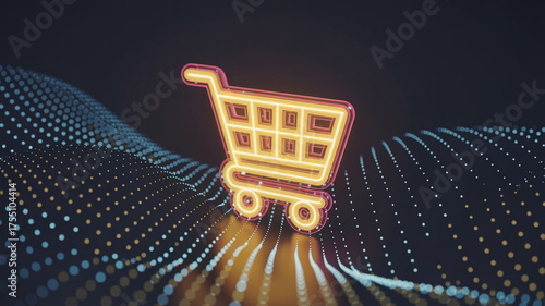 Glowing shopping cart icon on a dark background with dotted lines and light reflections below it