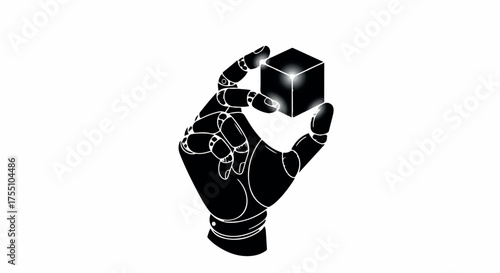 Robotic hand delicately holding a glowing cube, symbolizing innovation and future technology.