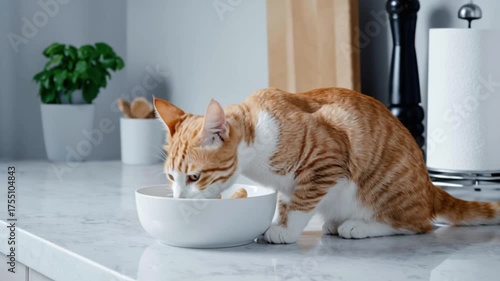 Orange cat eating from white bowl in modern kitchen
