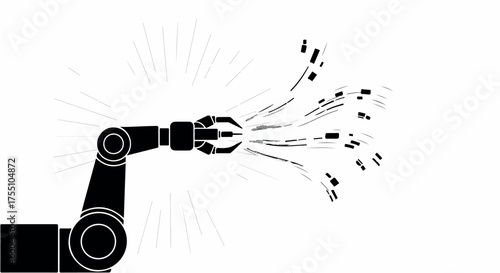 Futuristic robotic arm creating digital data streams with glowing particles in a clean white space