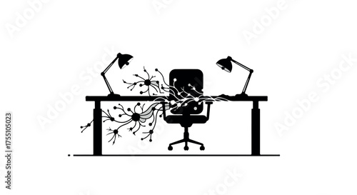 Empty office desk with two lamps and stylized neural network growing from chair