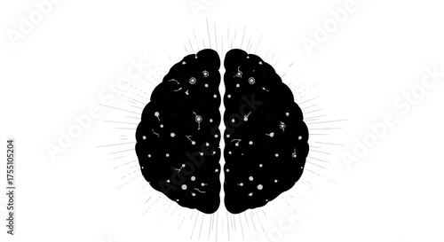 Abstract illustration of a black brain filled with glowing white dots, symbolizing thought and ideas.