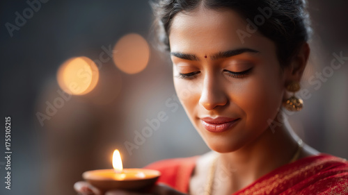 Wallpaper Mural Woman in Red Saree Holding Lit Diya During Diwali Celebration Torontodigital.ca