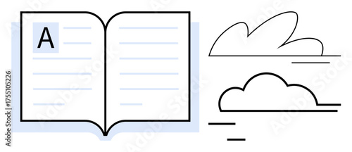 Open book with lines and large letter, accompanied by abstract cloud illustrations. Ideal for education, learning, storytelling, imagination, creativity, literature and communication. Simple flat