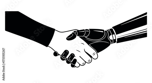 Human and robot hands shaking in partnership, symbolizing future collaboration and innovation.