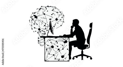 Silhouette of person deep in thought at a computer, with abstract network connections forming a brain shape.