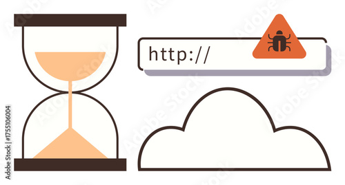 Hourglass with sand, web address bar with malware alert, and cloud outline. Ideal for cybersecurity, online risk, internet delay, digital vulnerability, cloud computing, malware warning and time as