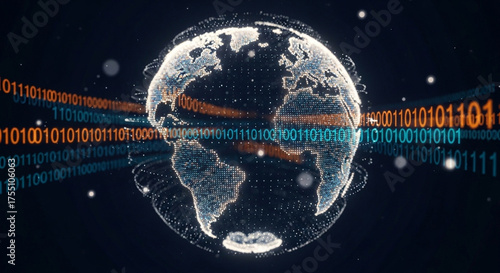 Digital earth globe with binary code flowing across it on a dark blue background with white particles