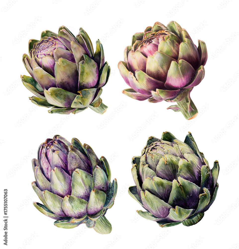 Fototapeta premium Watercolor artichokes set, botanical illustration, realistic vegetables, isolated on white
