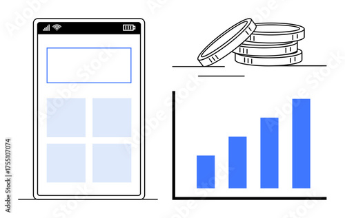 Smartphone with app layout, stacked coins, bar chart in blue bars. Ideal for fintech, investment, savings, analytics, business strategy profitability income growth. Simple flat metaphor