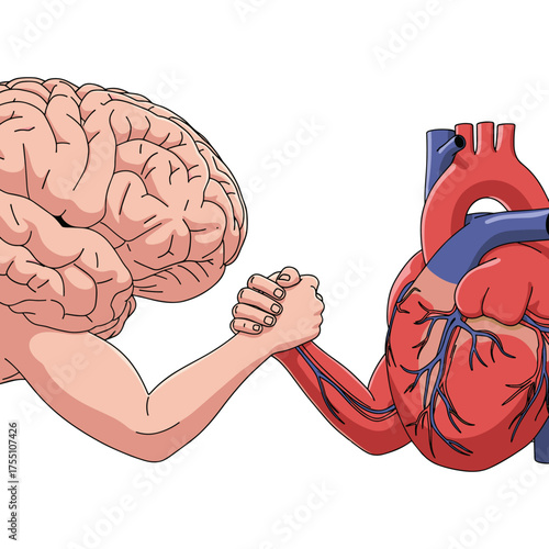 Heart vs Brain Arm Wrestling. Concept of internal conflict between logic and emotion. Vector illustration.