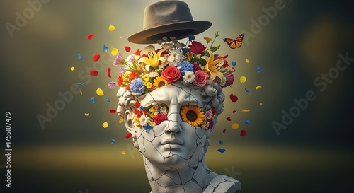 Bust of a man with flowers and a hat, a butterfly flies nearby