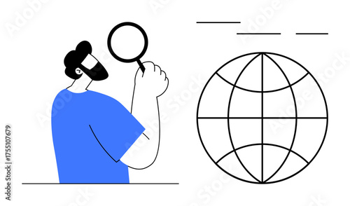 Man holding magnifying glass examining a global grid structure, representing research, analysis, discovery, international focus. Ideal for search, exploration, teamwork, education investigation