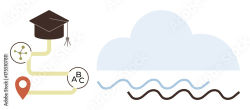 Grad cap atop a winding path with map marker, connected nodes, ABC icons linking to cloud and waves. Ideal for education, e-learning, achievement, career planning, cloud tech, data flow simple flat