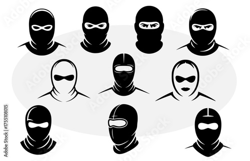 Black balaclava masks vector set for security, crime, hacking, anonymity or winter sports design