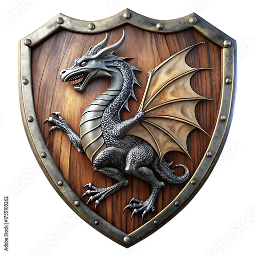 Silver Dragon, on wooden shield, cutout, PNG, isolated on white or transparent background, AI