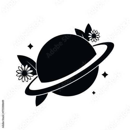 Black silhouette saturn planet with flowers vector art illustration