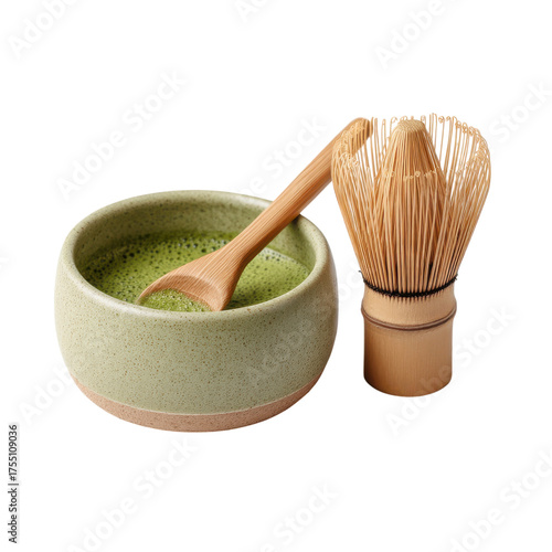Traditional Japanese Matcha Tea Set with Bowl and Whisk on White Background