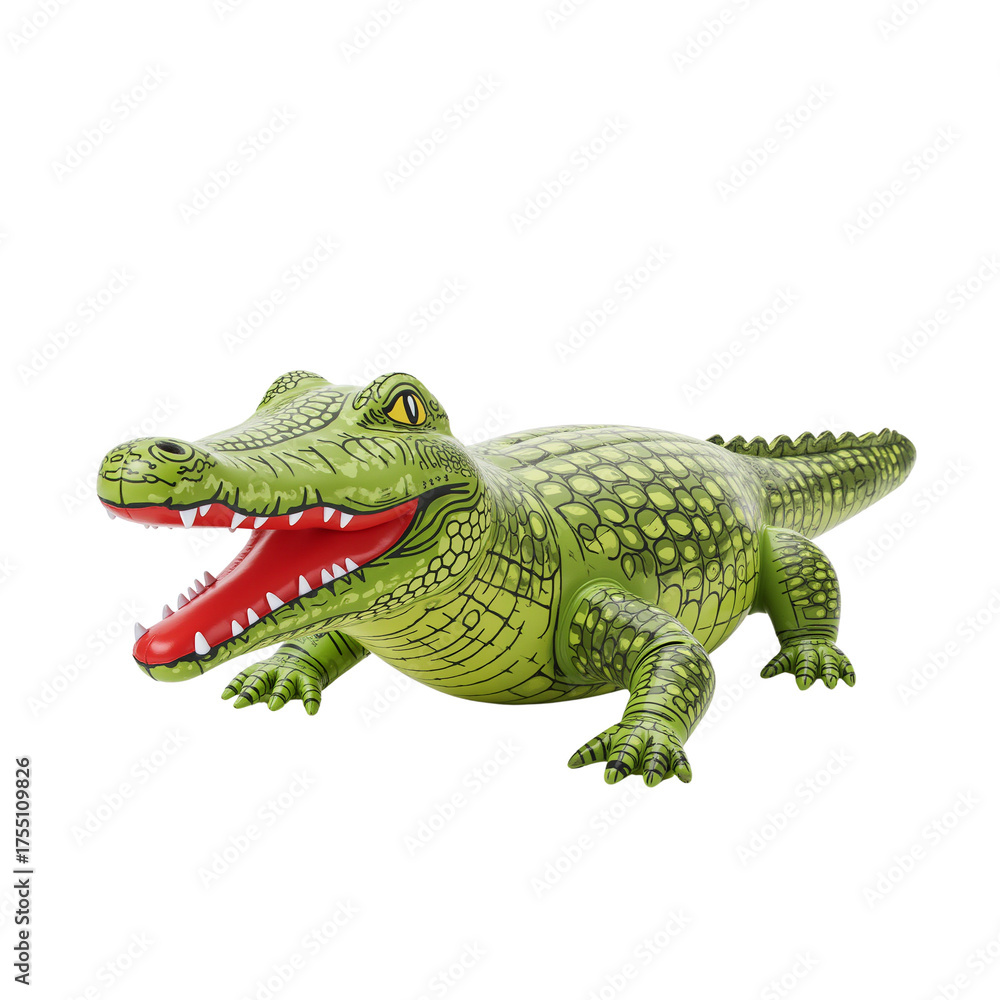 Obraz premium Inflatable green crocodile toy for beach and pool fun, isolated on transparent background. Beach and pool floats, vacation and backyard accessory 