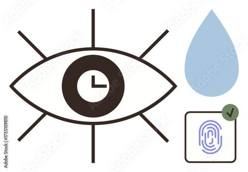 Stylized eye with clock symbol, water droplet, and fingerprint authentication icon with a checkmark. Ideal for technology, security, biometric, time management, vision, surveillance simplicity