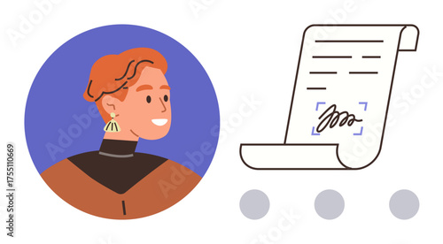 Person smiling with earring near a digitally signed document scroll. Ideal for legal processes, agreements, document verification, remote work, digital contracts, online signatures, simple flat
