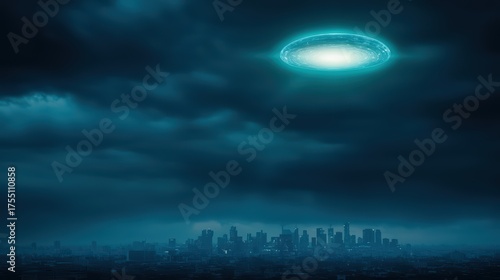 UFO concept. Mysterious UFO Appears Over Urban Skyline Under Dramatic Clouds at Night Creating an Eerie Atmosphere in Cityscape