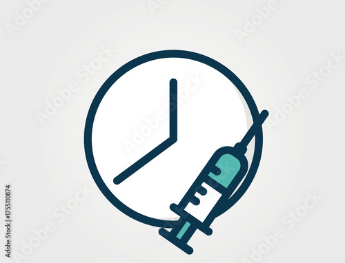 Injection time icon. Clock and syringe. Medical schedule reminder. Health care isolated vector color image