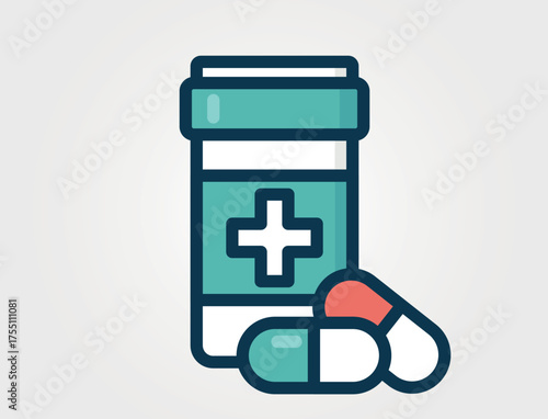 Pill bottle icon. Pharmaceutical, therapy and medication symbol. Isolated vector color image