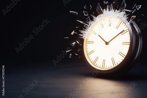 Wallpaper Mural Explosion concept. Clock shattering into pieces with flying glass shards creating an explosive and dramatic visual effect on a dark background Torontodigital.ca