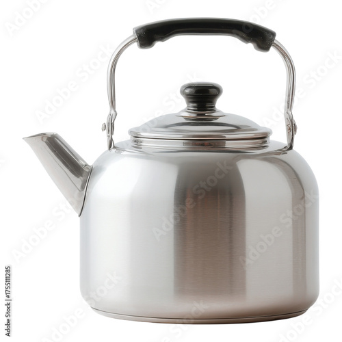 Stainless Steel Kettle with Black Handle on White Background