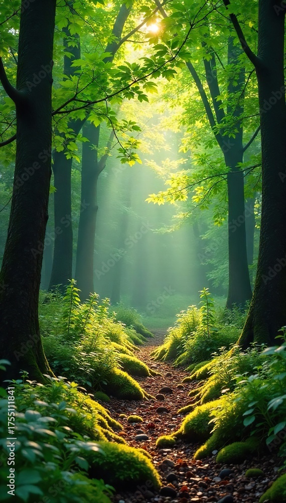 Obraz premium Sun-Dappled Forest Path Tranquil Mossy Scene, Perfect for Nature, Relaxation, and Environmental Themes. Ideal for Websites, Blogs, and Publications.