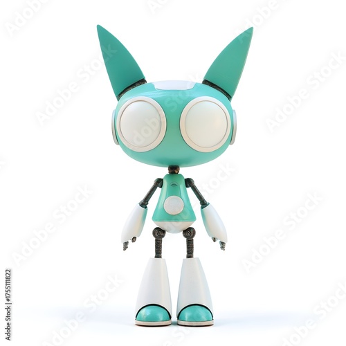 Cute cartoon robot character with large eyes and vibrant turquoise design in a playful pose