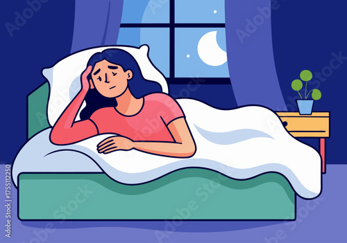 Woman Experiencing Sleeplessness and Anxiety in Bed at Night