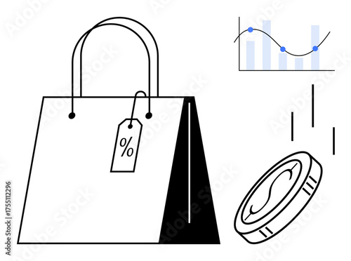 Shopping bag with discount tag, falling coin, and data chart suggesting sales trends. Ideal for retail, marketing, e-commerce, finance, economy savings and budgeting themes. Simple flat metaphor