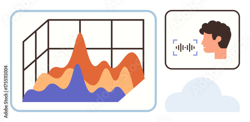 3D graph with layered data peaks next to human voice recognition icon, representing technology, analytics, audio processing. Ideal for science, AI, innovation, research. A simple flat metaphor