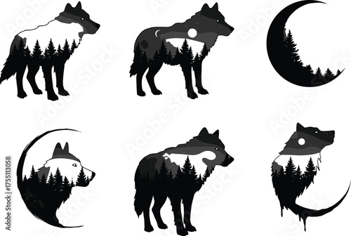 Mystical wolf silhouette vector, forest animal illustration, moon and nature fusion art, black and white wildlife design, dripping style artwork